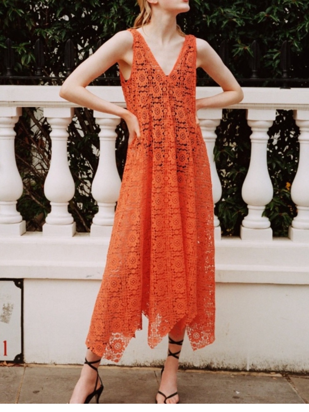 Zara Orange Crochet Asymmetric Midi Dress Medium Indie Festie Grunge Shabby Chic
